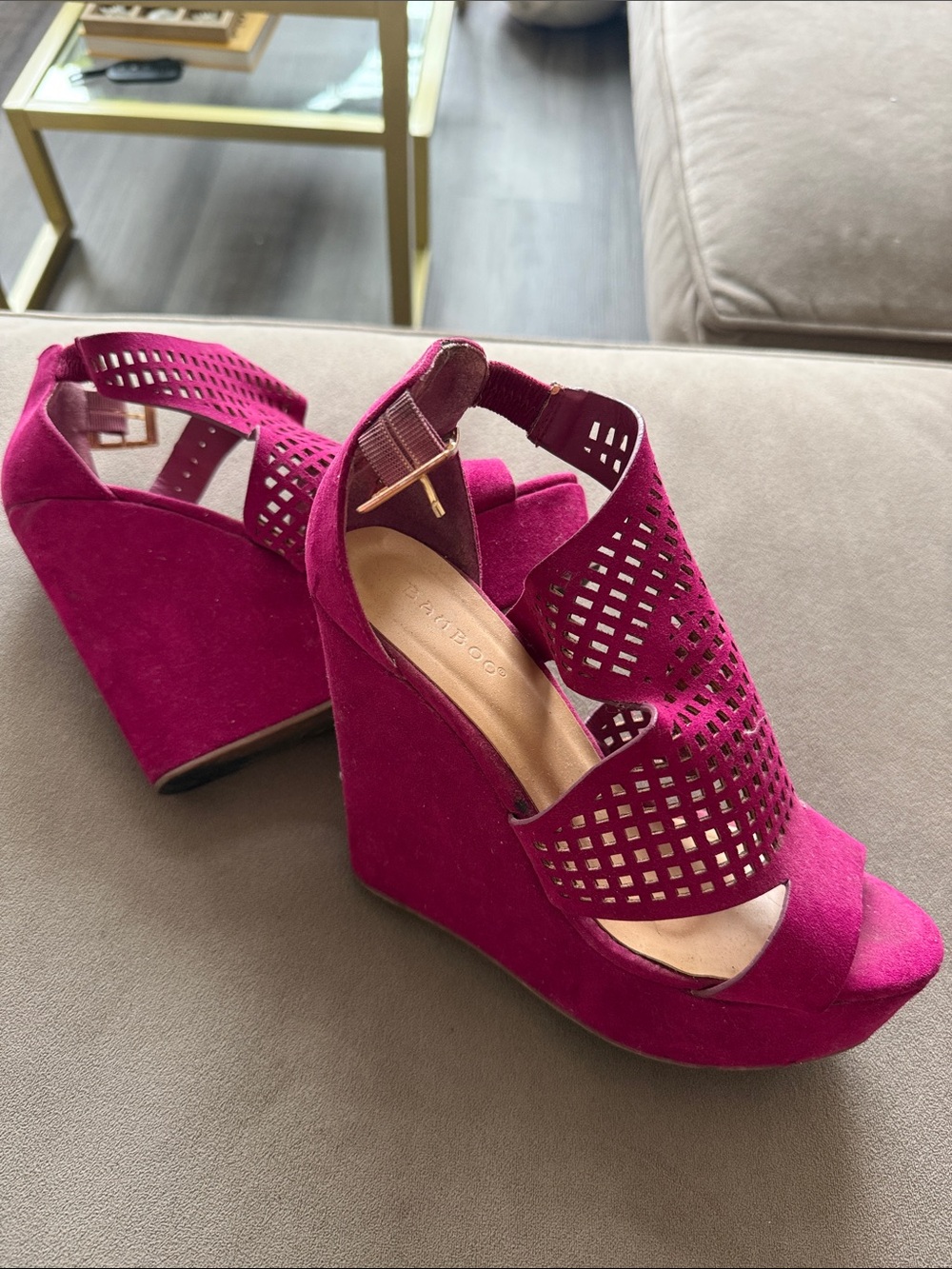 BAMBOO Fuchsia Laser-Cut Suede Wedge Sandals